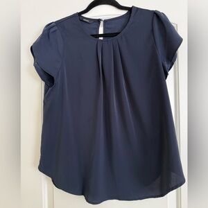 Navy Blue Pleated Chiffon Blouse Short Sleeve Size M
